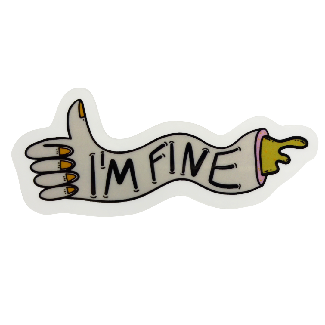 sketchyvix sticker i'm fine. föreställer en arm och en hand som gör tummen upp, med texten "i'm fine". transparent ram runt stickern
