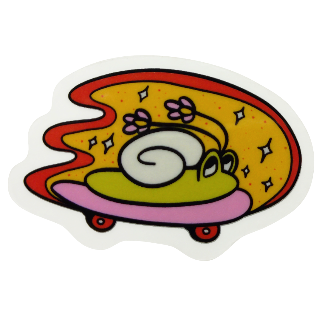sketchyvix sticker. föreställer en grön snigel på en rosa skateboard.